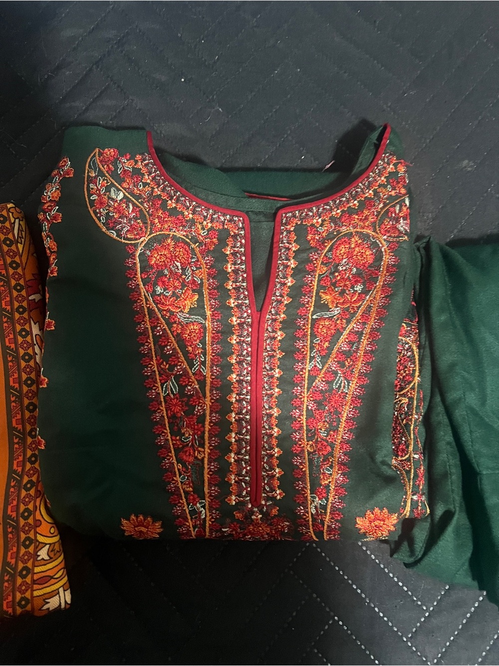 Elegant Green & Orange Embroidered Long Sleeve Dress - Picture 5 of 10